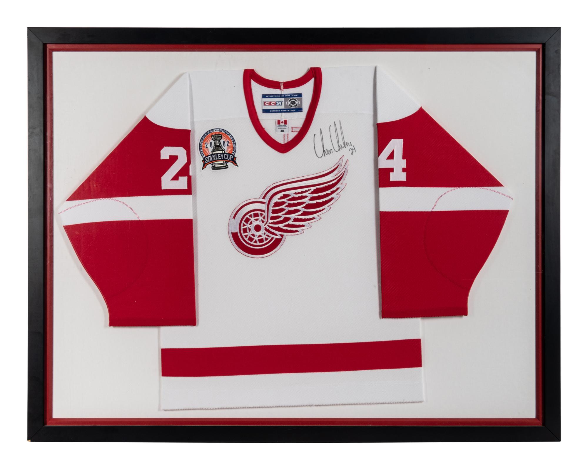 A Chris Chelios Signed Autograph Detroit Red Wings Hockey Jersey Display,