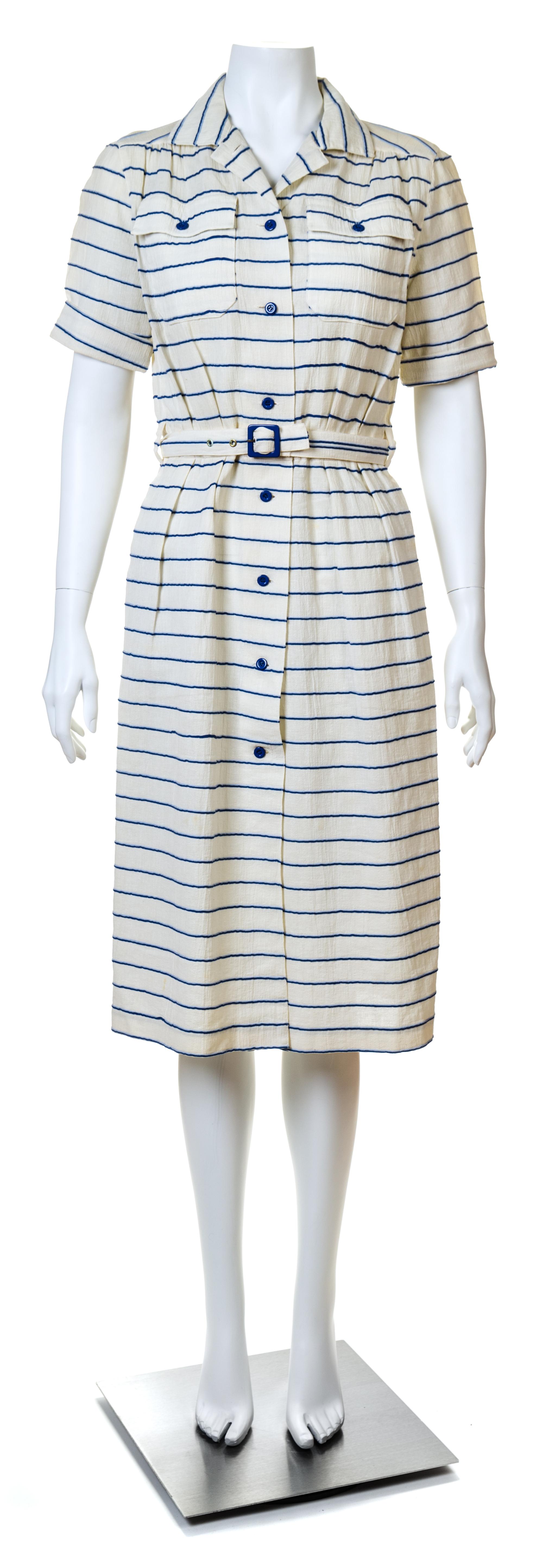 A Courreges Cream and Blue Cotton Striped Dress, Size 0; Belt: 24" - 26.5" x 1.25".