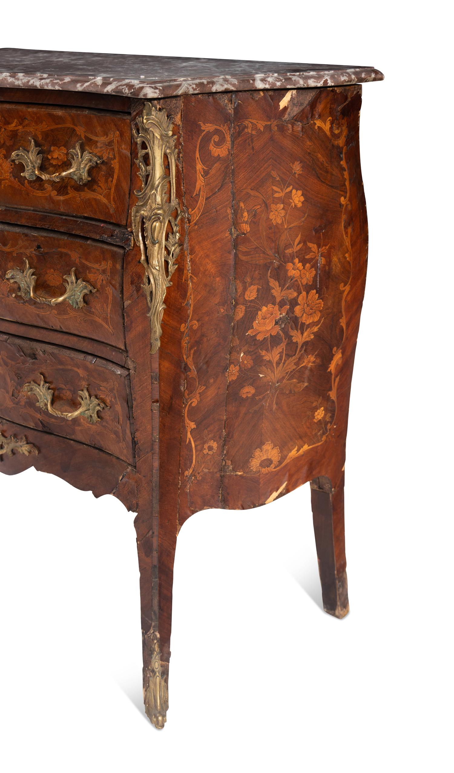 A Louis XV Style Gilt Bronze Mounted Marquetry Marble-Top Commode