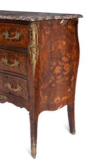 A Louis XV Style Gilt Bronze Mounted Marquetry Marble-Top Commode