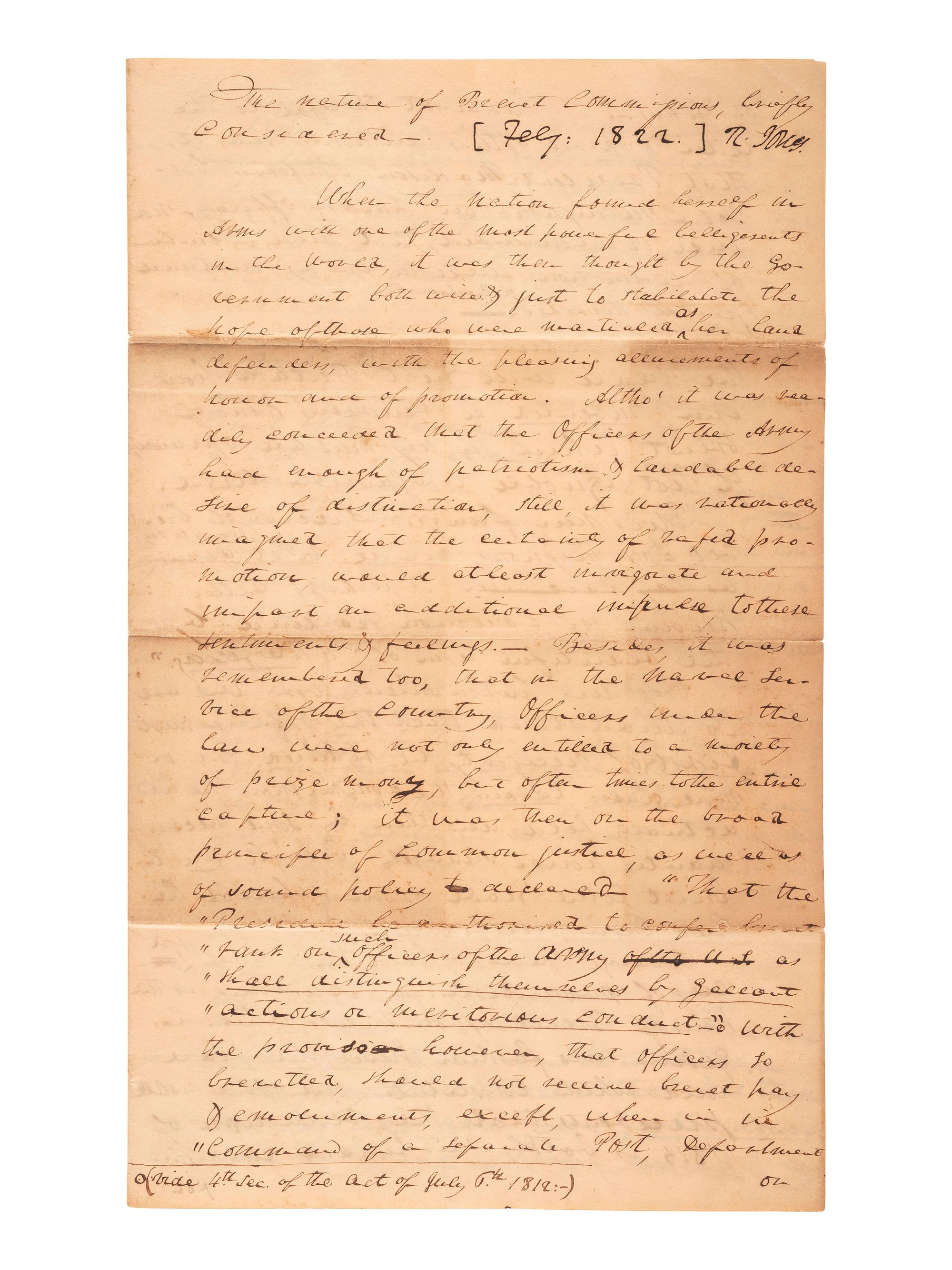 [WAR OF 1812]. JONES, Roger (1789-1852). The Nature of Brevet Commissions Briefly Considered. Autograph document signed ("R. Jones"). N.p. February 1822. Adjutant General Roger Jones decries the military's system of brevet commissions.