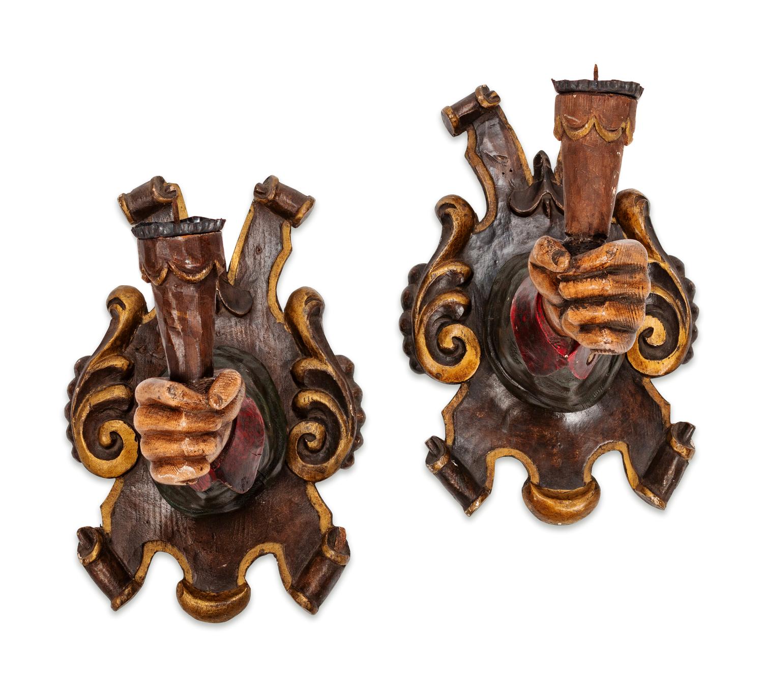 A Pair of Spanish Polychromed Hand-Form Sconces — 20TH/21ST CENTURY
