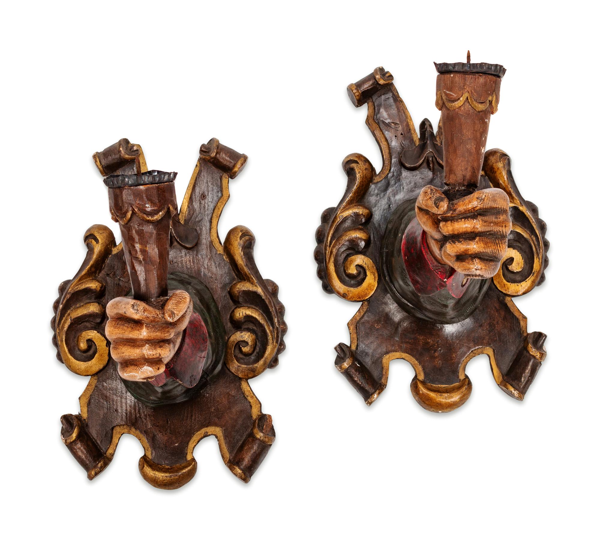 A Pair of Spanish Polychromed Hand-Form Sconces — 20TH/21ST CENTURY