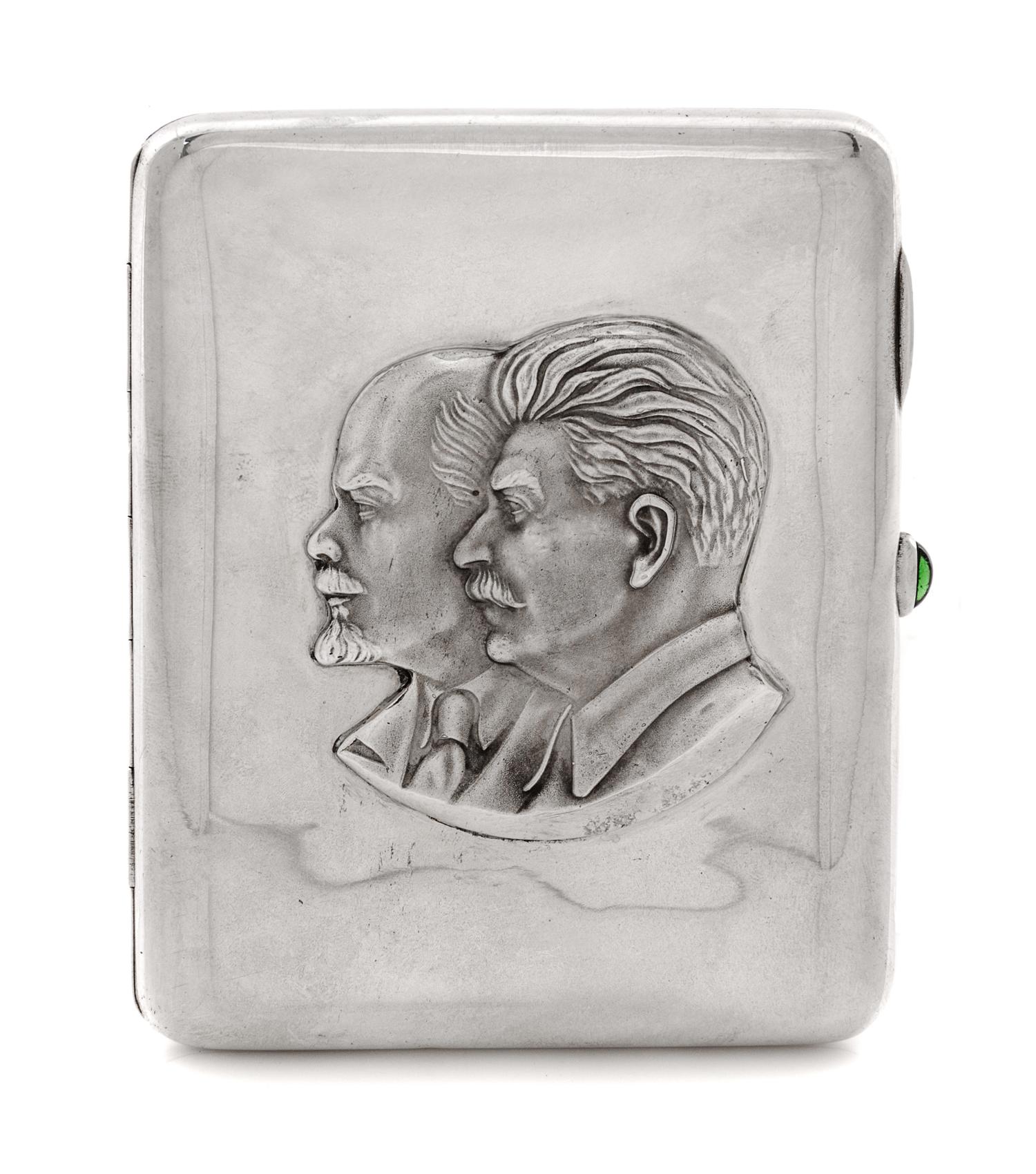 A Russian Silver Cigarette Case, Soviet maker's mark, Kiev, 20th Century, the lid worked to show the profiles of Lenin and Stalin and h