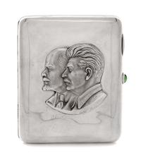A Russian Silver Cigarette Case, Soviet maker's mark, Kiev, 20th Century, the lid worked to show the profiles of Lenin and Stalin and h