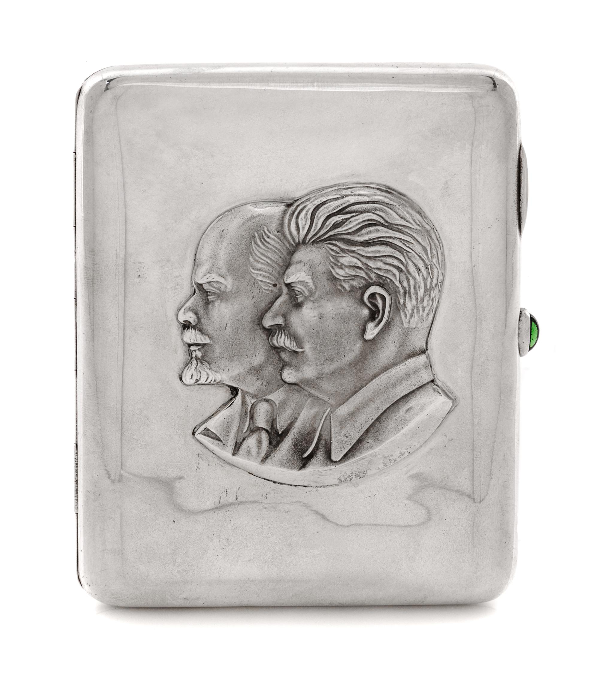A Russian Silver Cigarette Case, Soviet maker's mark, Kiev, 20th Century, the lid worked to show the profiles of Lenin and Stalin and h