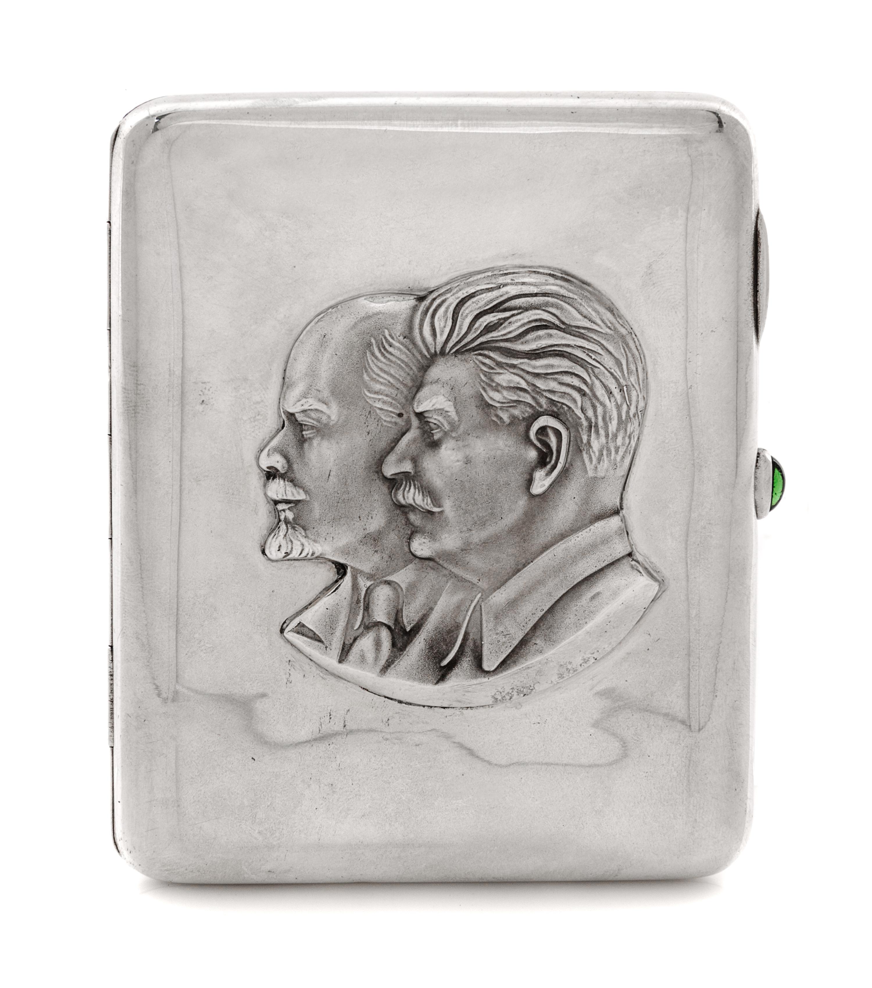 A Russian Silver Cigarette Case, Soviet maker's mark, Kiev, 20th Century, the lid worked to show the profiles of Lenin and Stalin and h