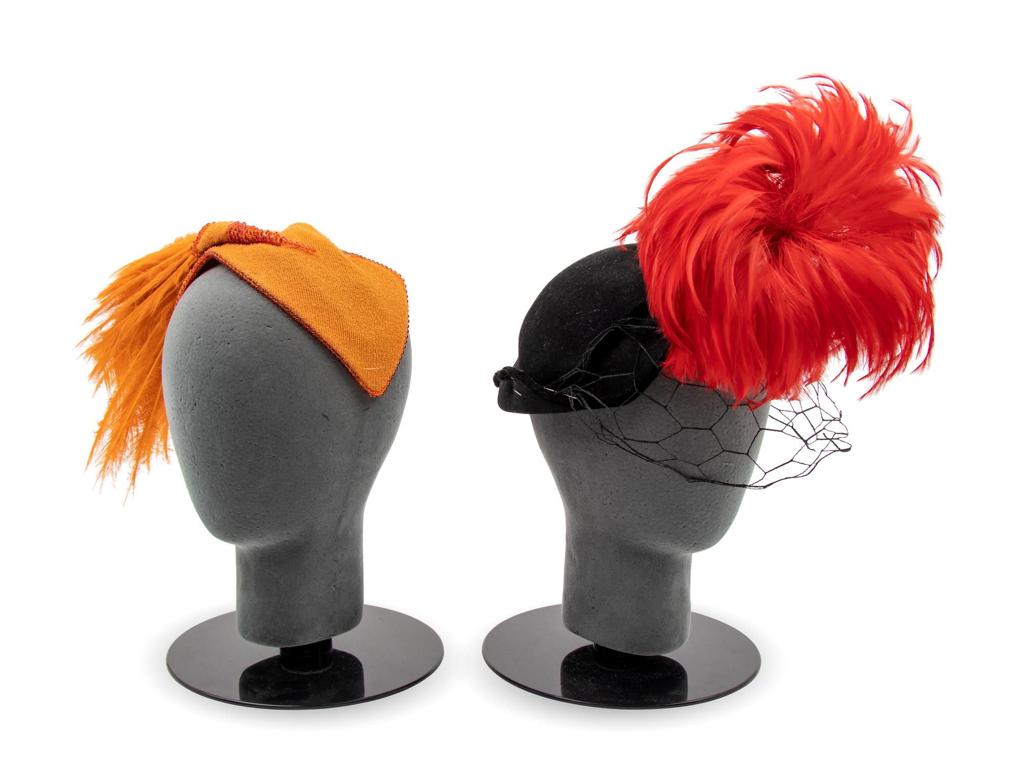 Two Bes-Ben Hats with Feathers; One Red, One Orange, 1940s-1950s