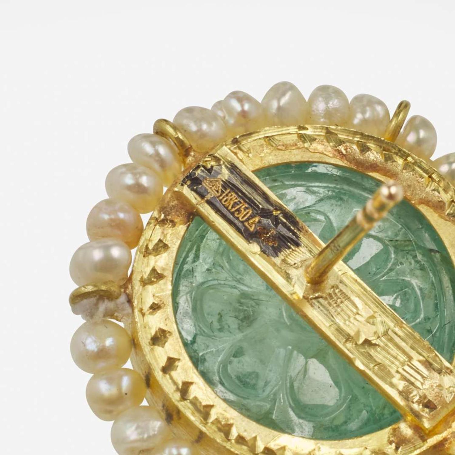A Pair of 18K Yellow Gold, Polki Diamond, Pearl, and Emerald Earrings