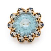 Retro, Aquamarine, Diamond, Sapphire, and Rose Gold Ring