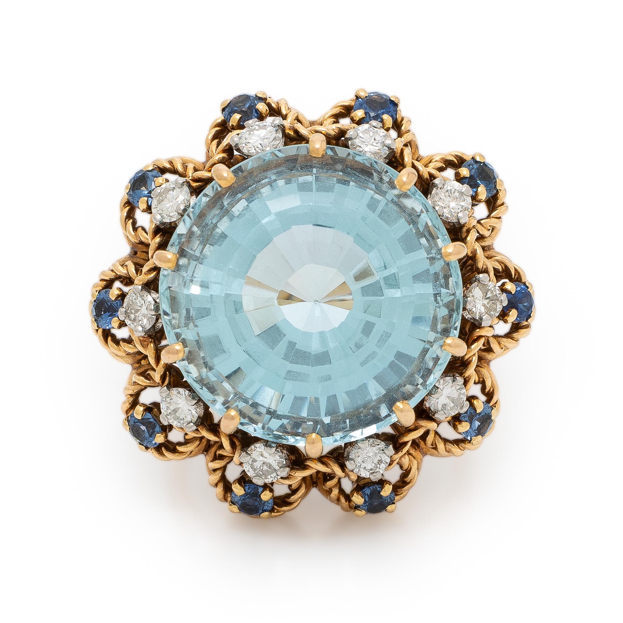 Retro, Aquamarine, Diamond, Sapphire, and Rose Gold Ring