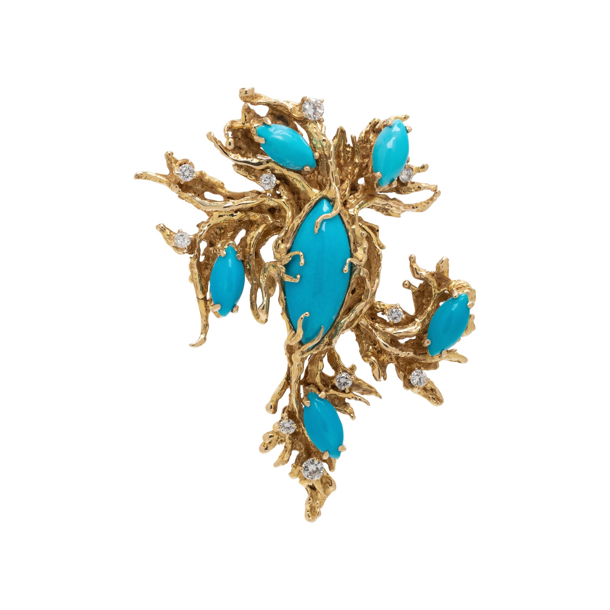 YELLOW GOLD, TURQUOISE AND DIAMOND BROOCH