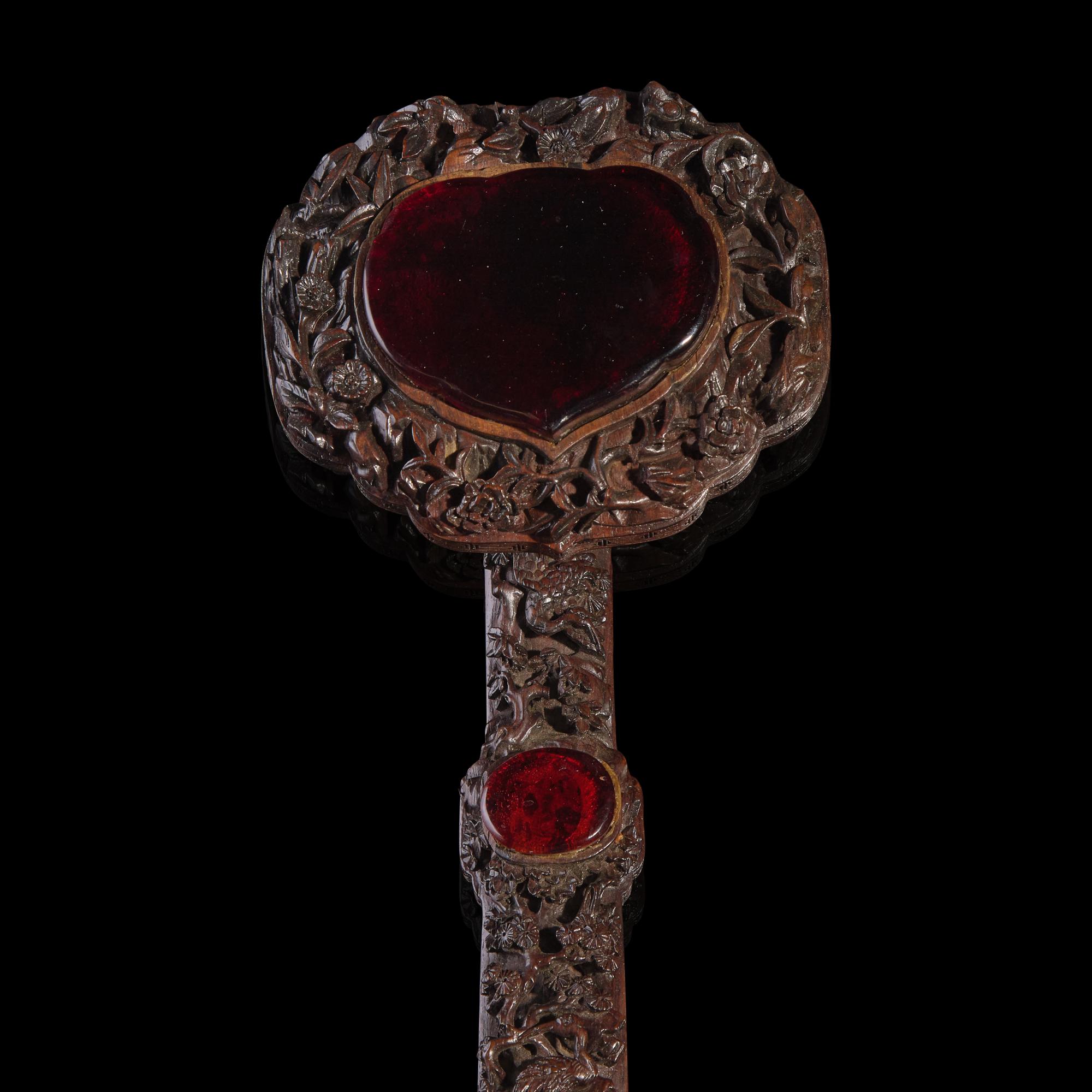 A Chinese Amber Glass-Inset Carved Wood Ruyi Scepter and Stand, with Three Photo Albums, Late 19th-Early 20th Century — 清晚期 紅木雕花三鑲琥珀料如意及相冊三簿