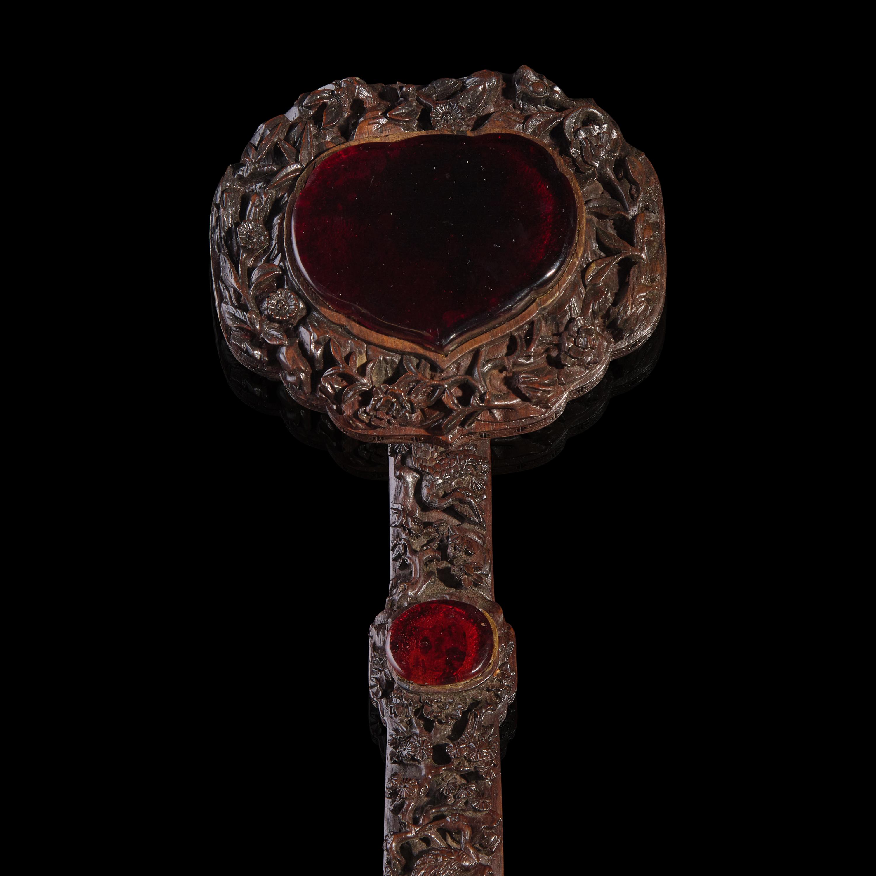 A Chinese Amber Glass-Inset Carved Wood Ruyi Scepter and Stand, with Three Photo Albums, Late 19th-Early 20th Century — 清晚期 紅木雕花三鑲琥珀料如意及相冊三簿