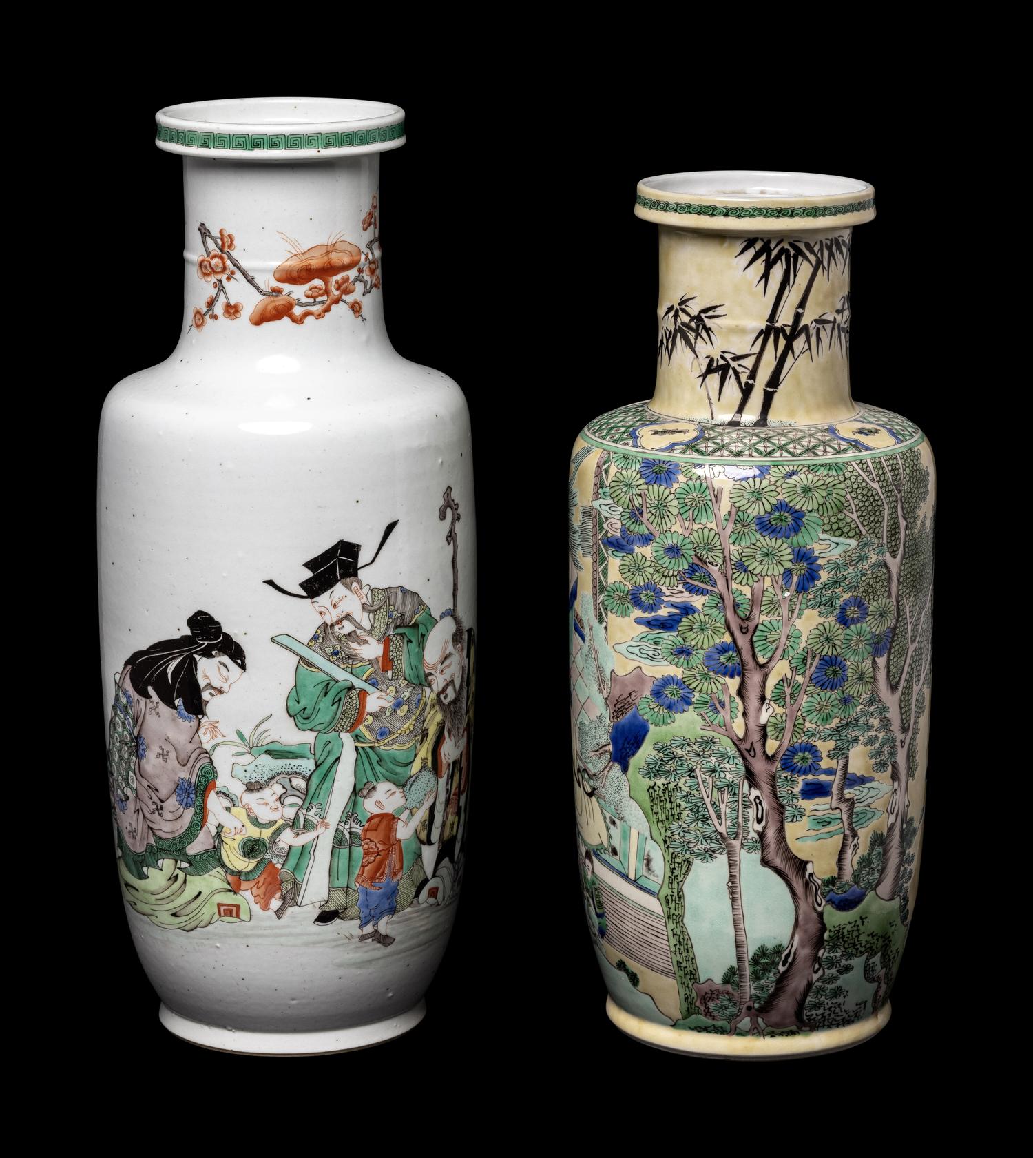 Two Chinese Famille Verte Porcelain Rouleau Vases