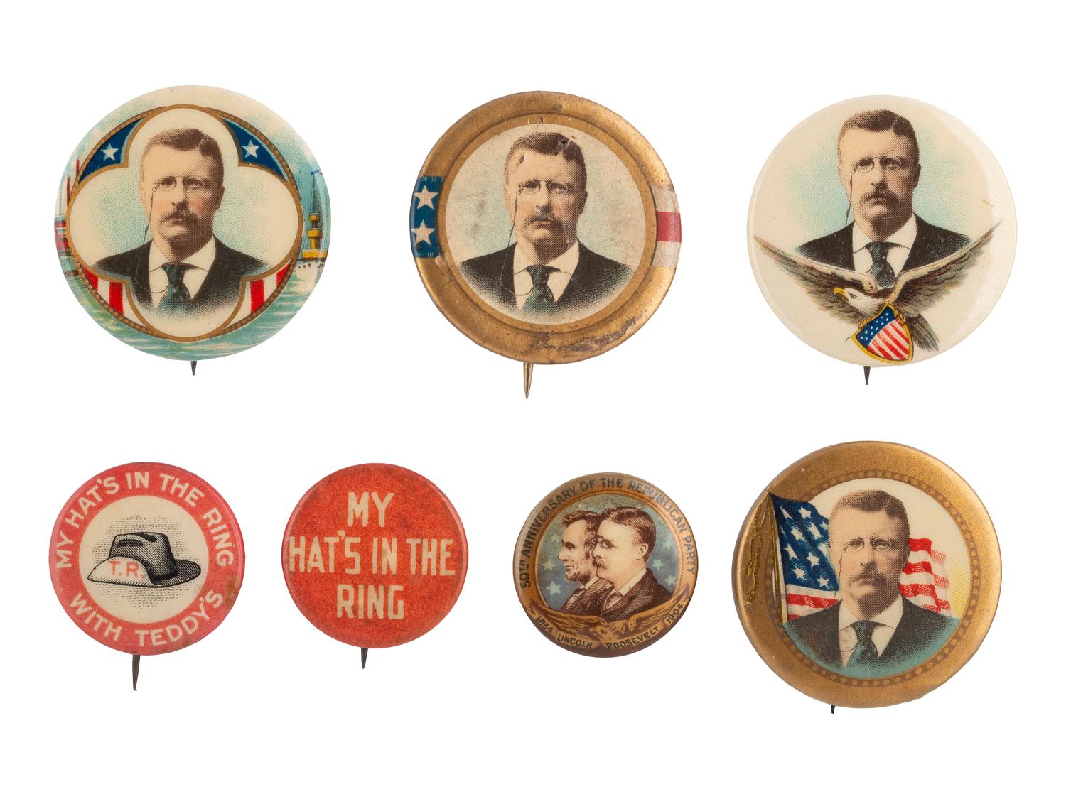 [ROOSEVELT, Theodore (1858-1919)]. A group of 8 items promoting Theodore Roosevelt, incl. campaign buttons and Second Progressive Convention program from Chicago, 1916.