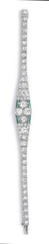 An Art Deco Platinum, Diamond and Simulated Emerald Bracelet, 12.20 dwts.