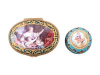 A Sèvres Style "Jeweled" Porcelain Snuff Box and a French Guilloché Enameled Snuff Box