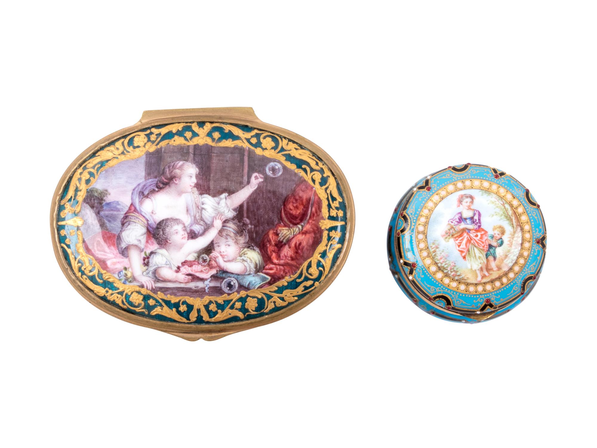 A Sèvres Style "Jeweled" Porcelain Snuff Box and a French Guilloché Enameled Snuff Box