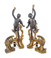 A Pair of Louis XV Style Gilt and Patinated Bronze Figural Chenets