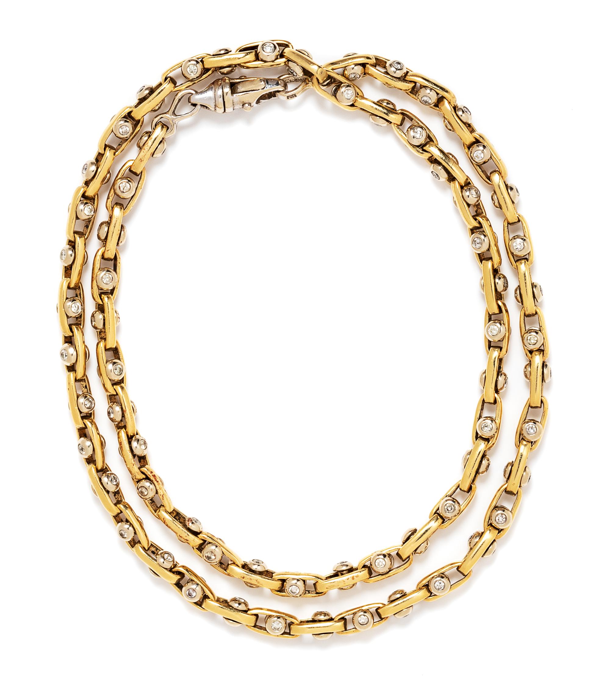 A 14 Karat Bicolor Gold and Diamond Link Necklace, 59.15 dwts.