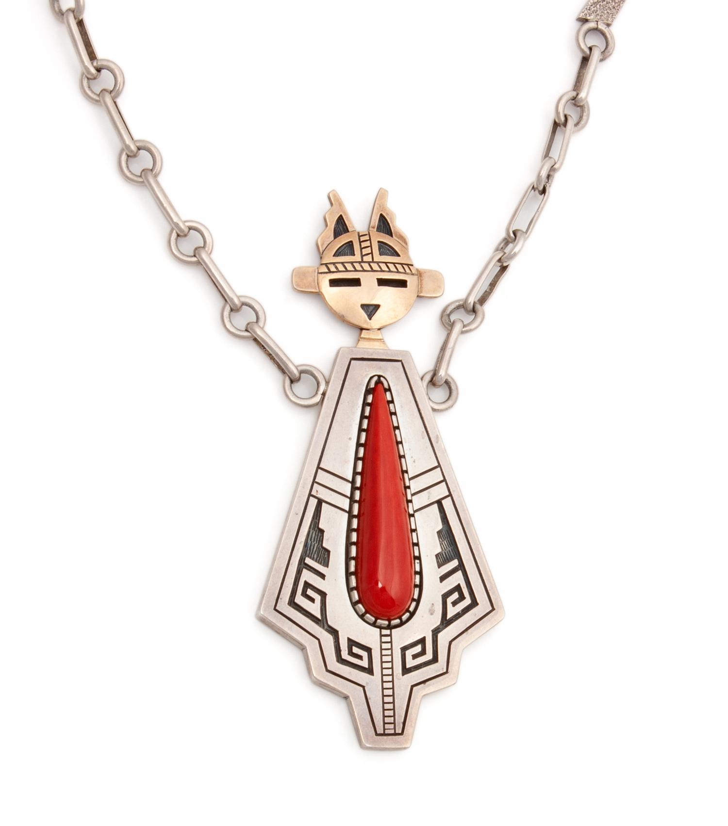 14k Gold and Sterling Silver Necklace, with Coral Katsina Pendant Lot is located and will ship from Denver, Colorado.