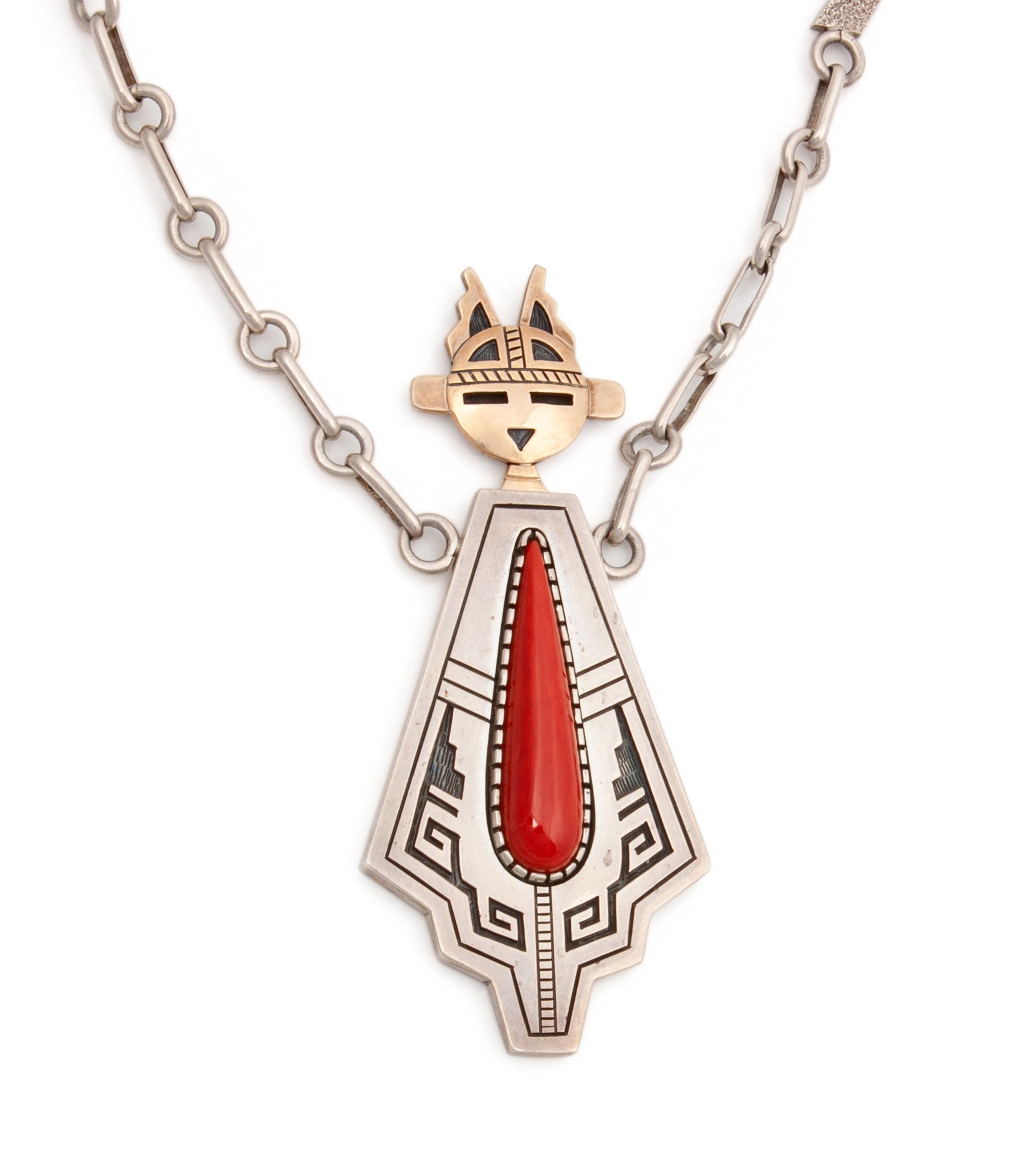 14k Gold and Sterling Silver Necklace, with Coral Katsina Pendant Lot is located and will ship from Denver, Colorado.
