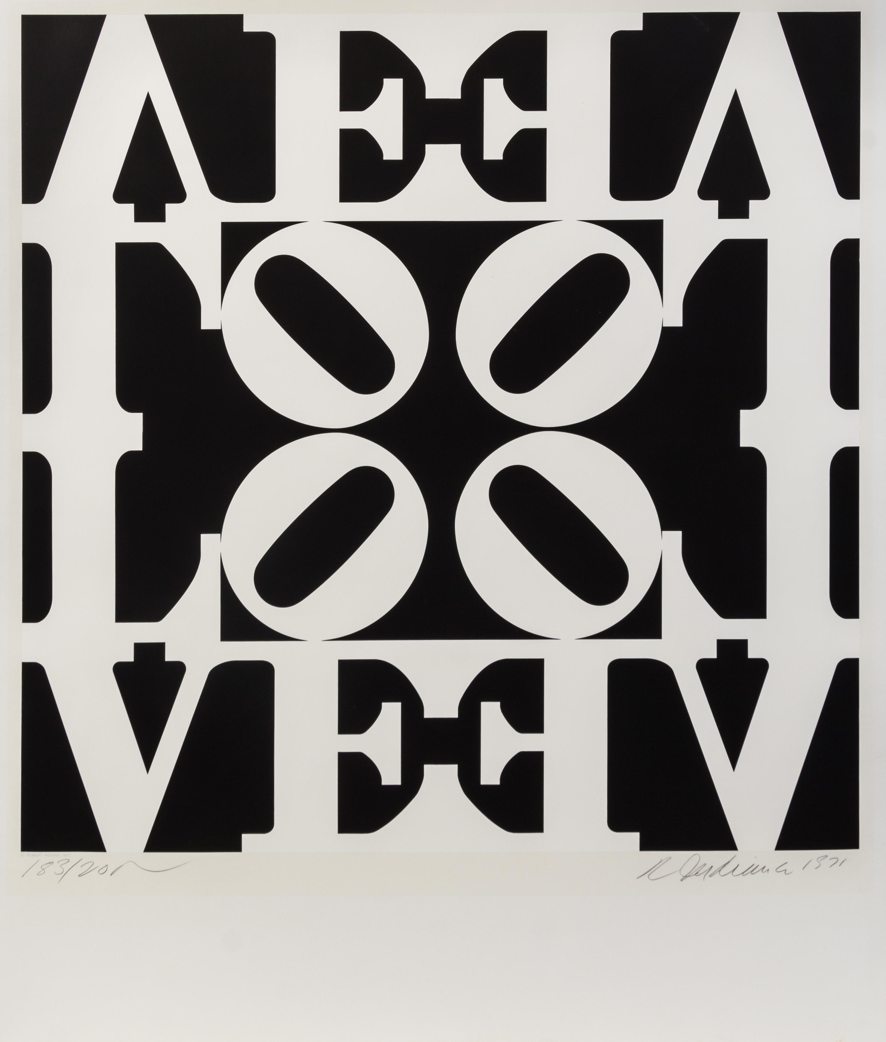 Robert Indiana, (American, b. 1928), Black and White Love (title page from Decade), 1971