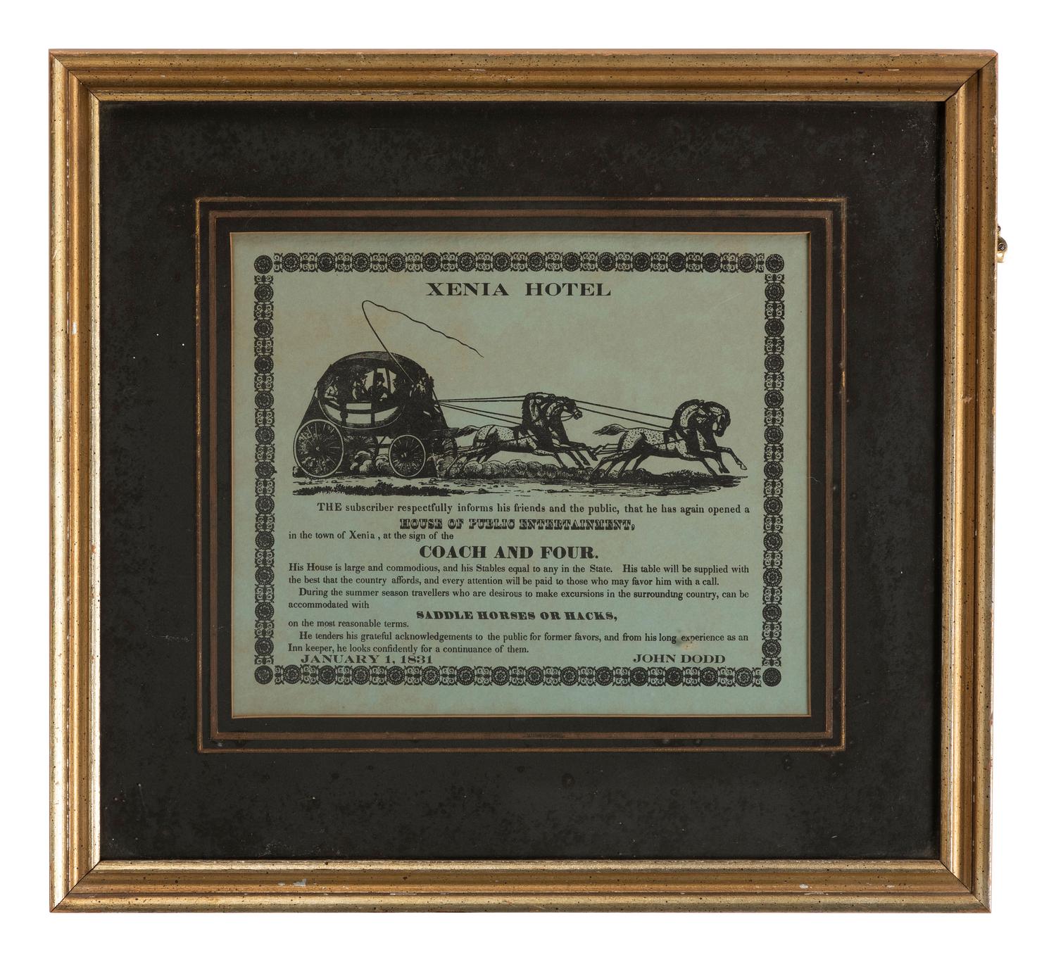 [ADVERTISING]. Xenia Hotel . Xenia, [OH]: N.p., 1 January 1831. Illustrated broadside.