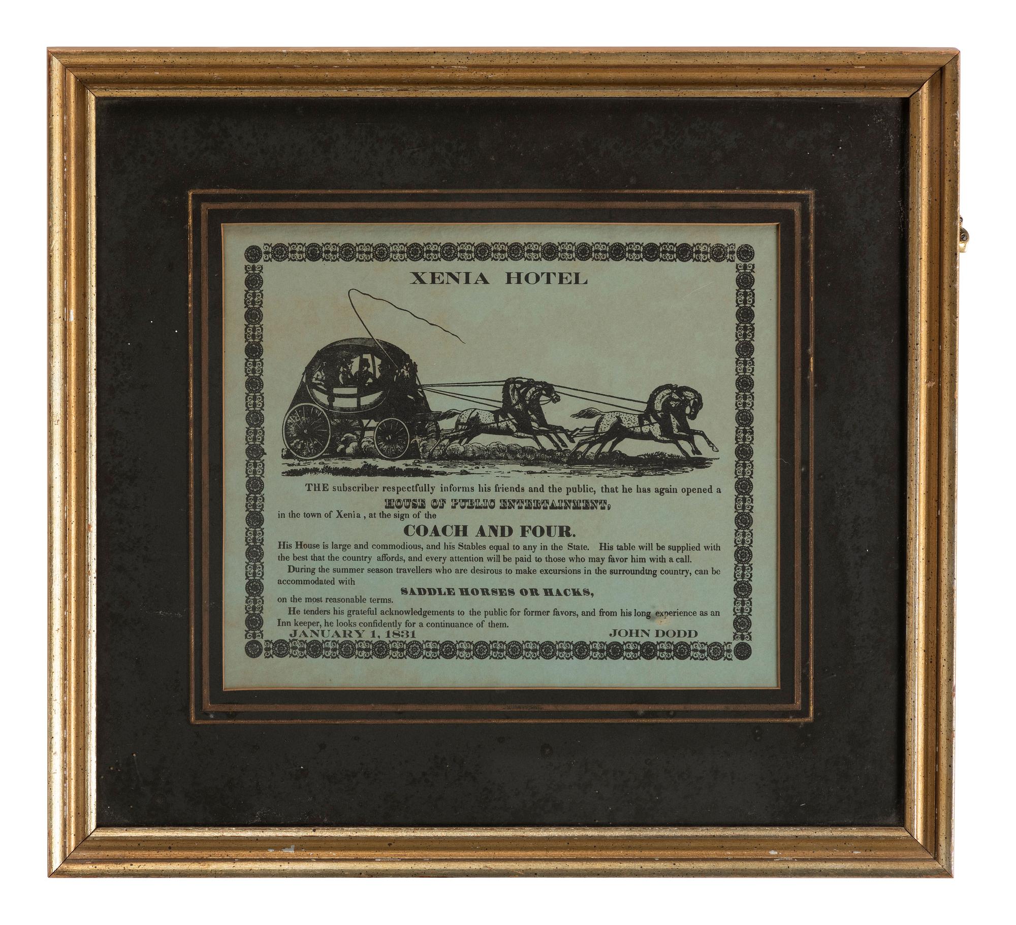 [ADVERTISING]. Xenia Hotel . Xenia, [OH]: N.p., 1 January 1831. Illustrated broadside.