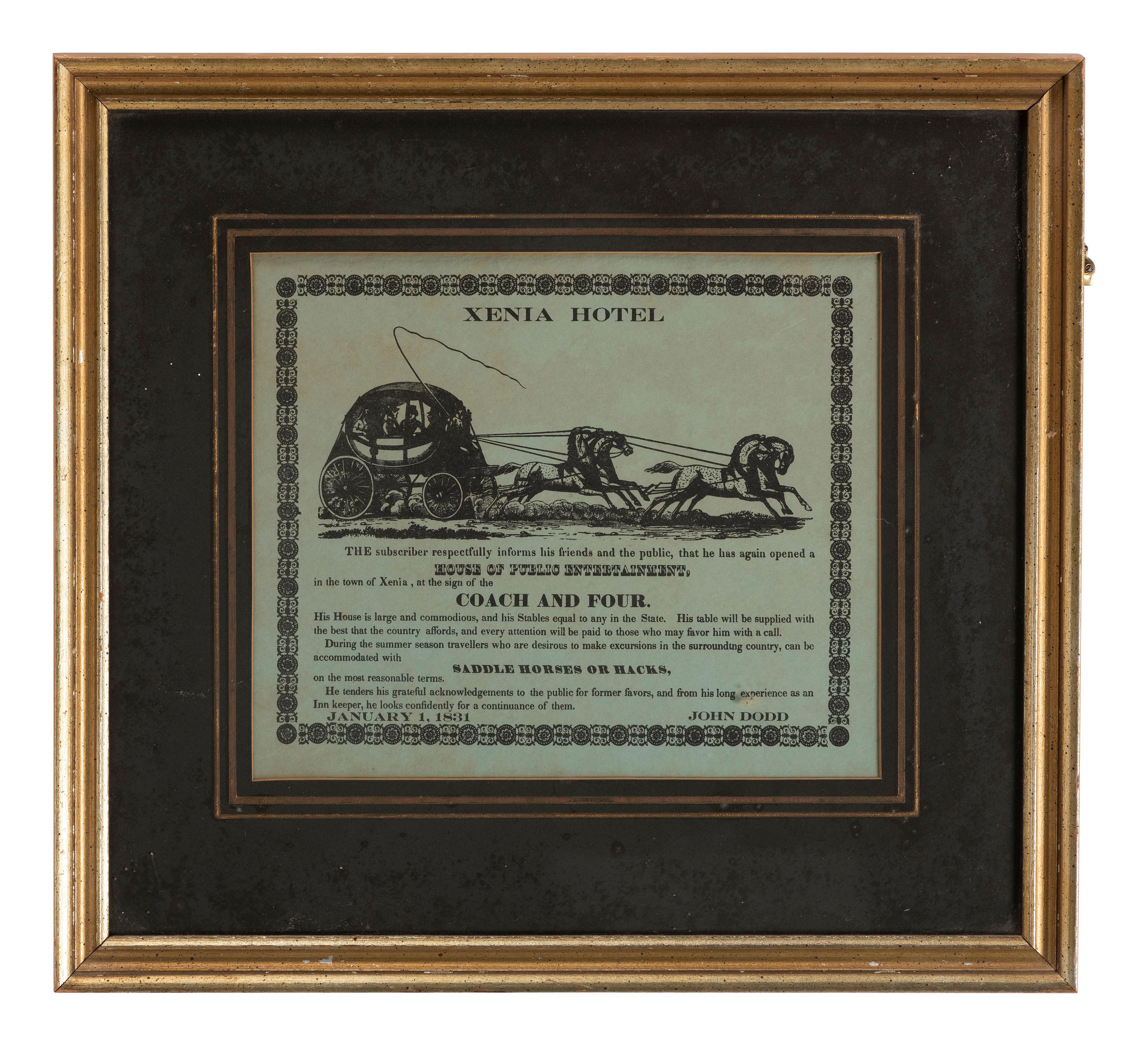 [ADVERTISING]. Xenia Hotel . Xenia, [OH]: N.p., 1 January 1831. Illustrated broadside.