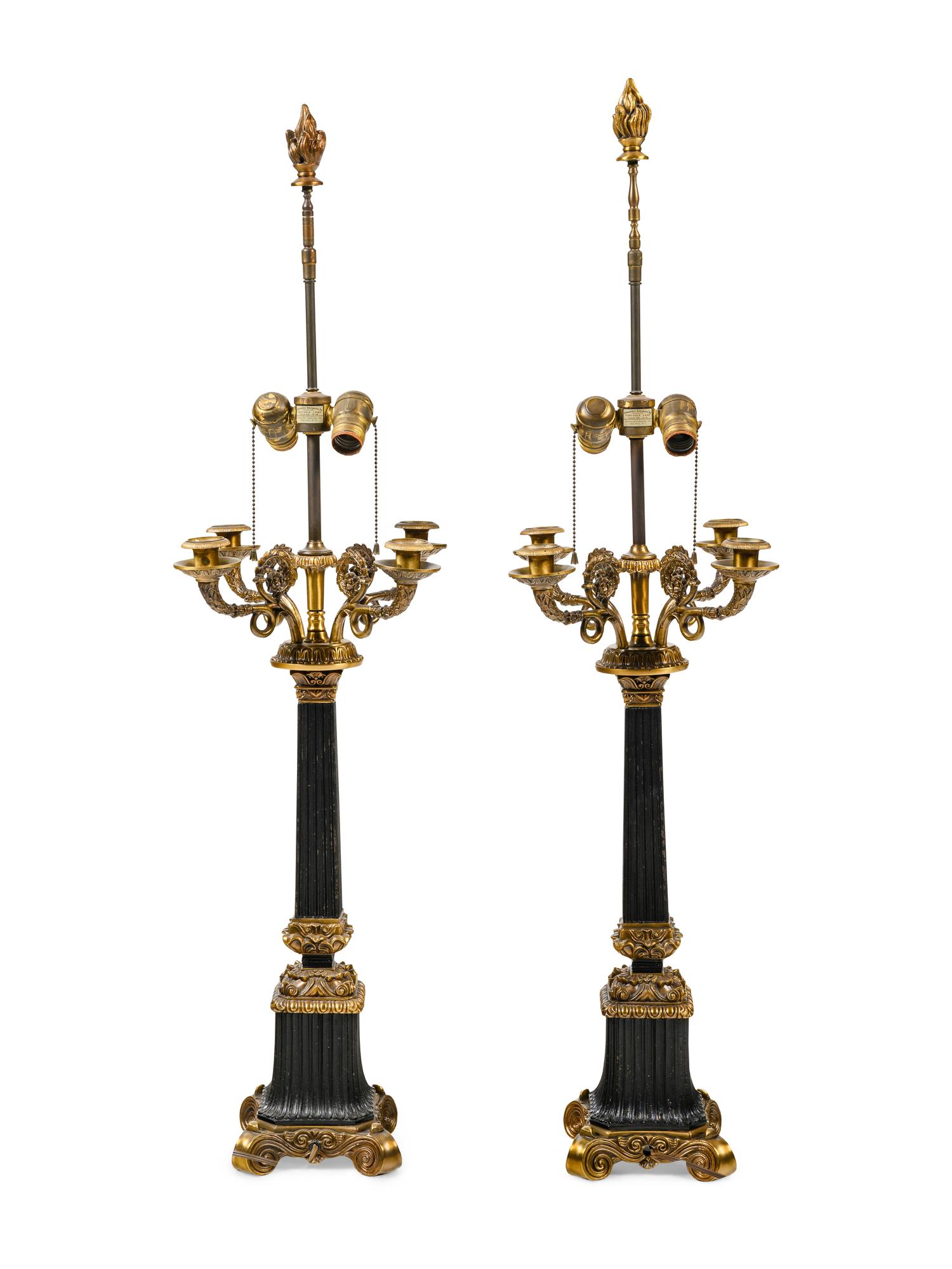 A Pair of Empire Style Four-Light Candelabra Mounted as Lamps
