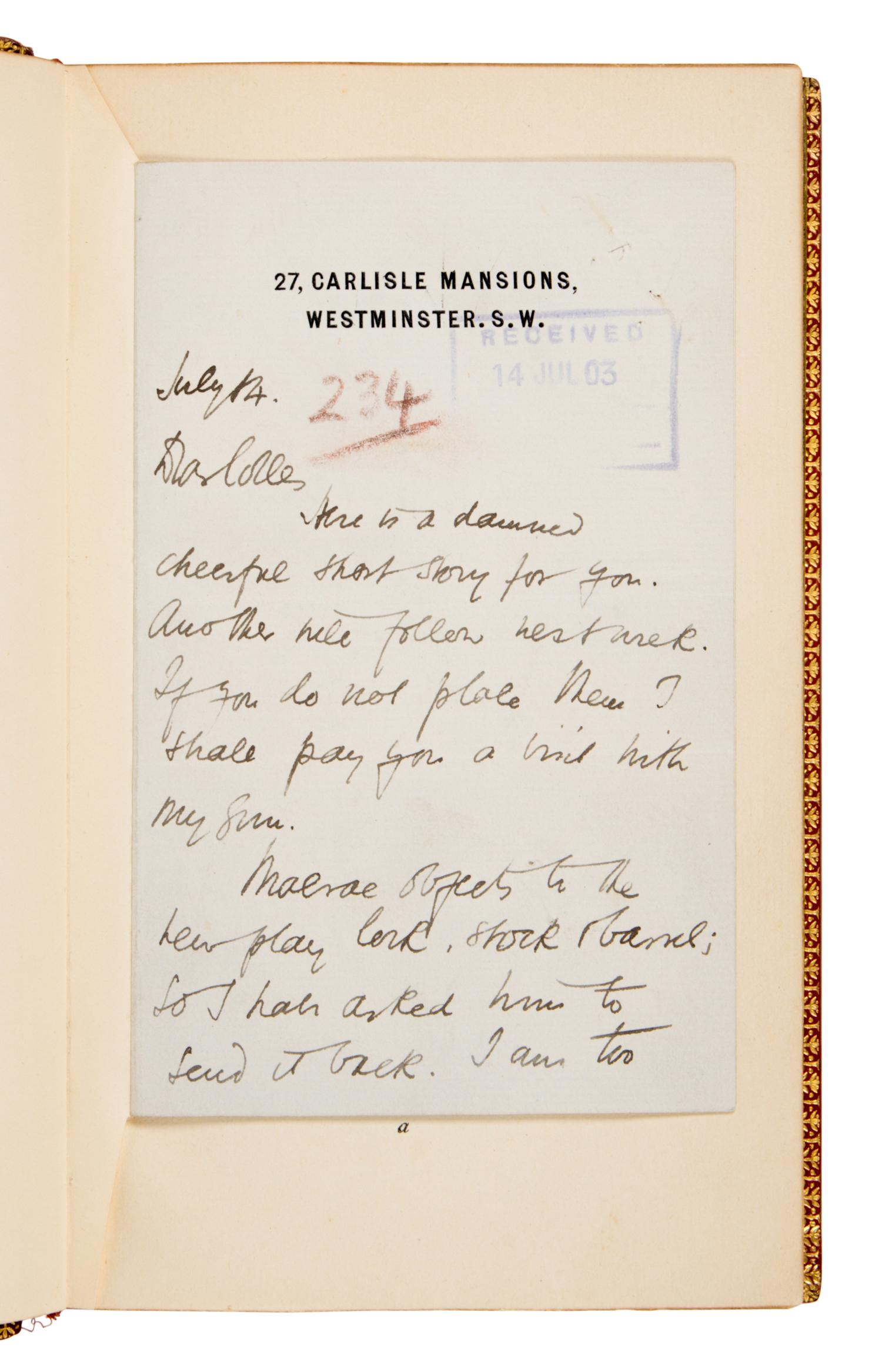 Maugham, W. Somerset (1874-1965). Autograph letter signed ("W.S. Maugham") to Maugham's literary agent, William Morris Colles, Westminster, 14 July 1903.