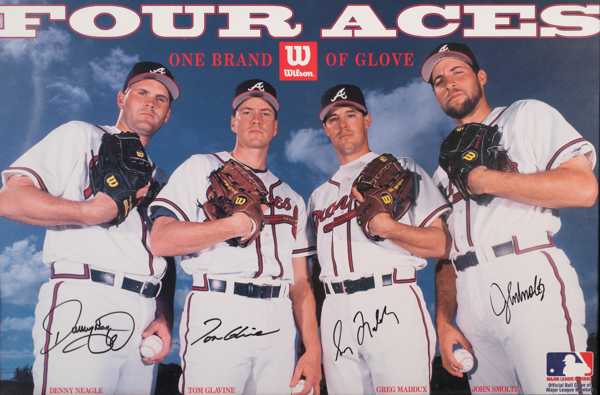 An Atlanta Braves Four Aces Wilson Sporting Goods Signed Autograph Poster Featuring Tom Glavine, Greg Maddux, John Smoltz and Denny Neagle (Beckett Authentication Services Letter),
