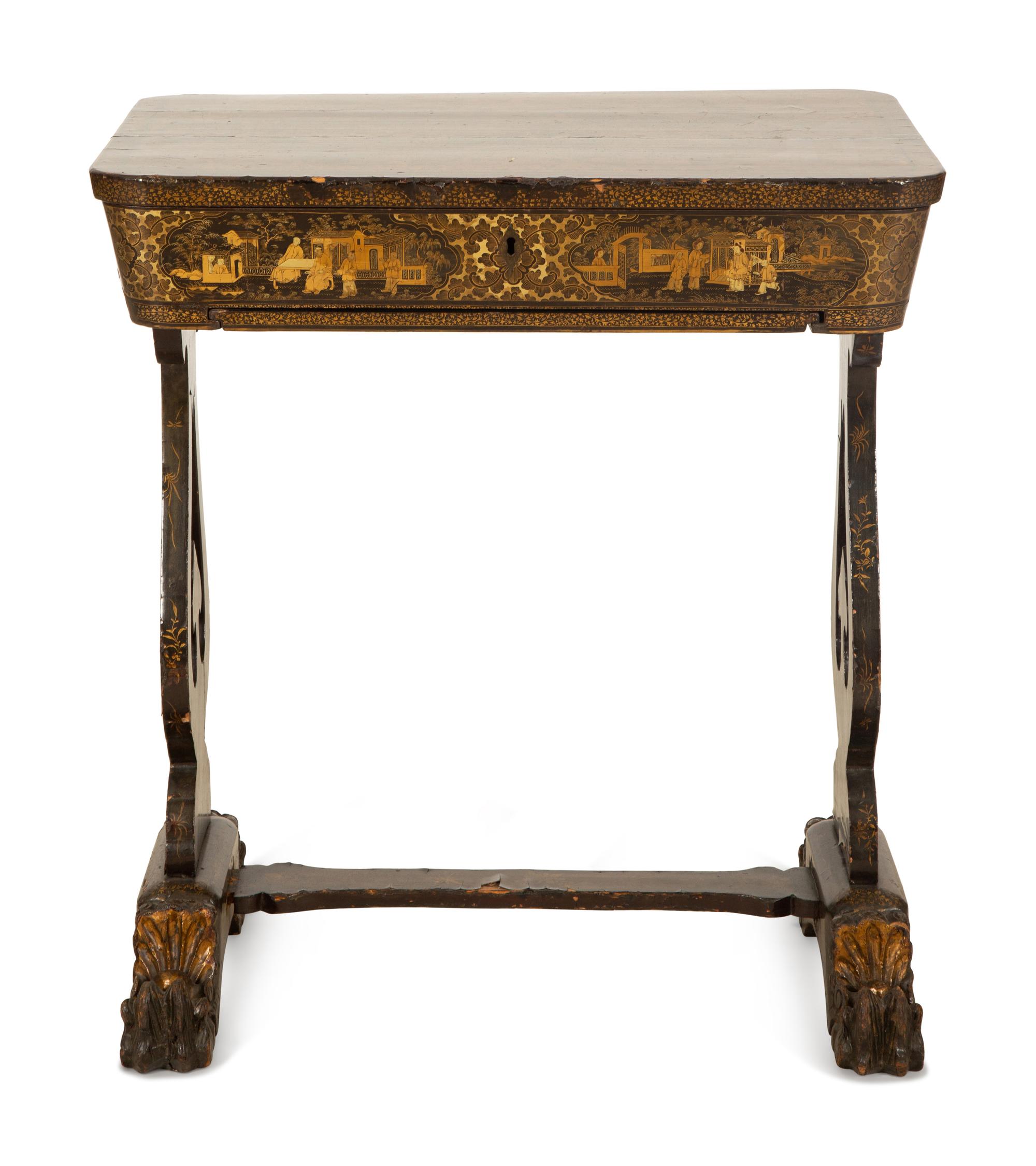 A Chinese Export Black and Gilt Lacquer Sewing Table — 19th Century