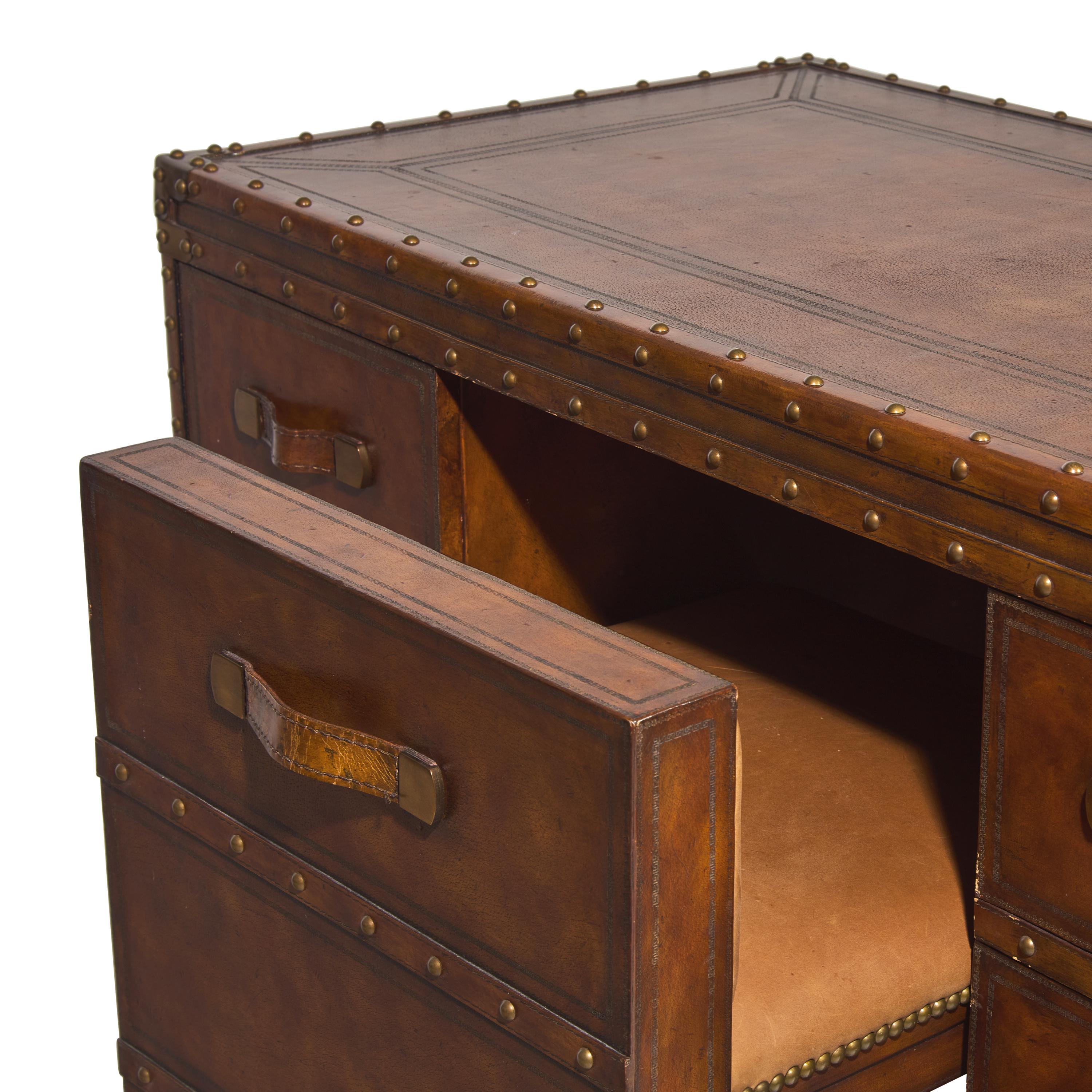 A Leather and Brass Studded Campaign-Chest Form Desk and Chair Set