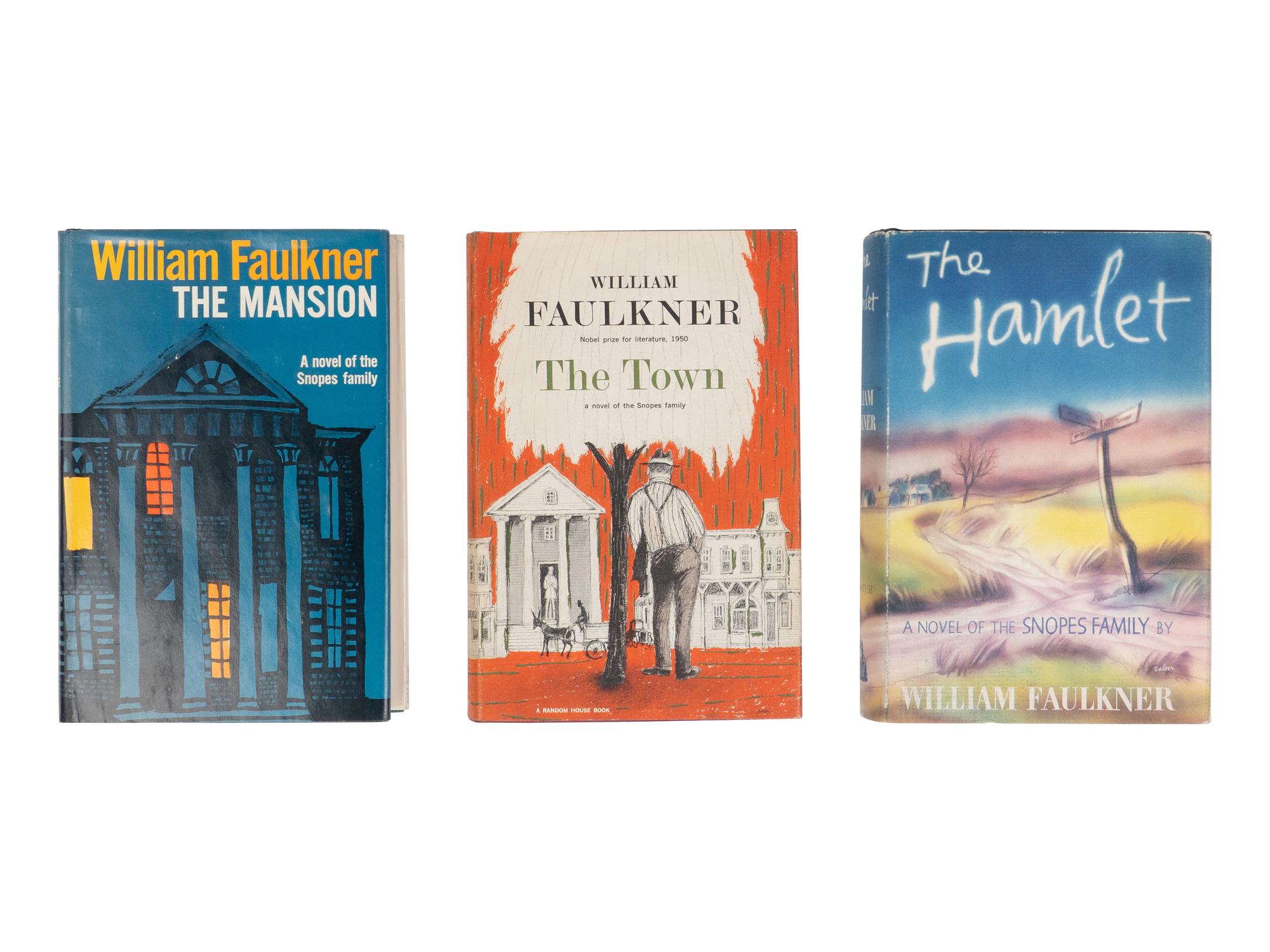 FAULKNER, William (1897-1962). [Snopes Trilogy]. The Hamlet . 1940. -- The Town . 1957. -- The Mansion . 1959. New York: Random House.