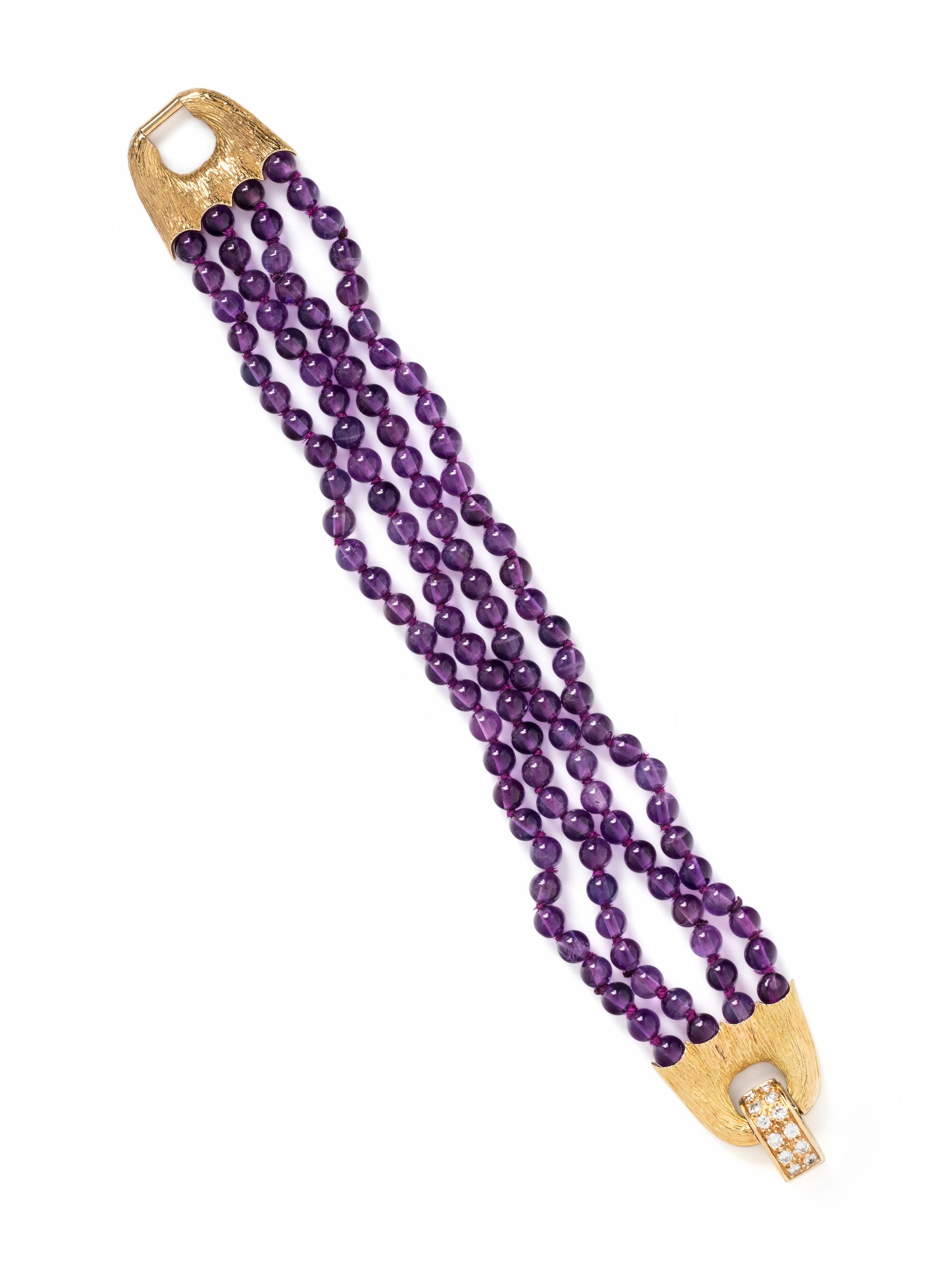 YELLOW GOLD, DIAMOND AND AMETHYST BEAD BRACELET