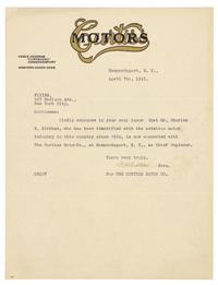 CURTISS, Glenn Hammond (1878-1930). Typed letter signed ("G. H. Curtiss"), Hammondsport, NY. To "Flying" Magazine, New York, NY, 7 April 1915.