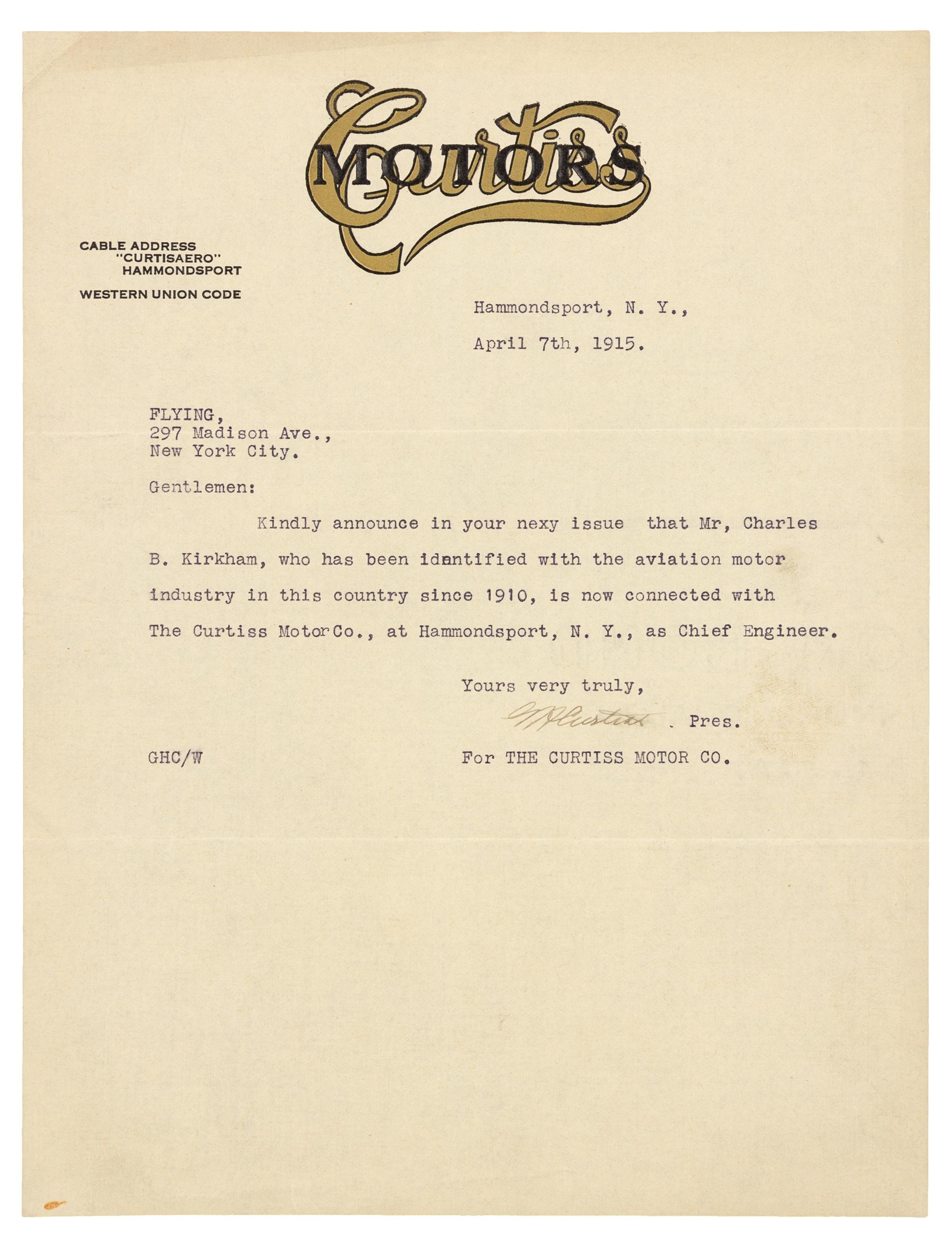 CURTISS, Glenn Hammond (1878-1930). Typed letter signed ("G. H. Curtiss"), Hammondsport, NY. To "Flying" Magazine, New York, NY, 7 April 1915.