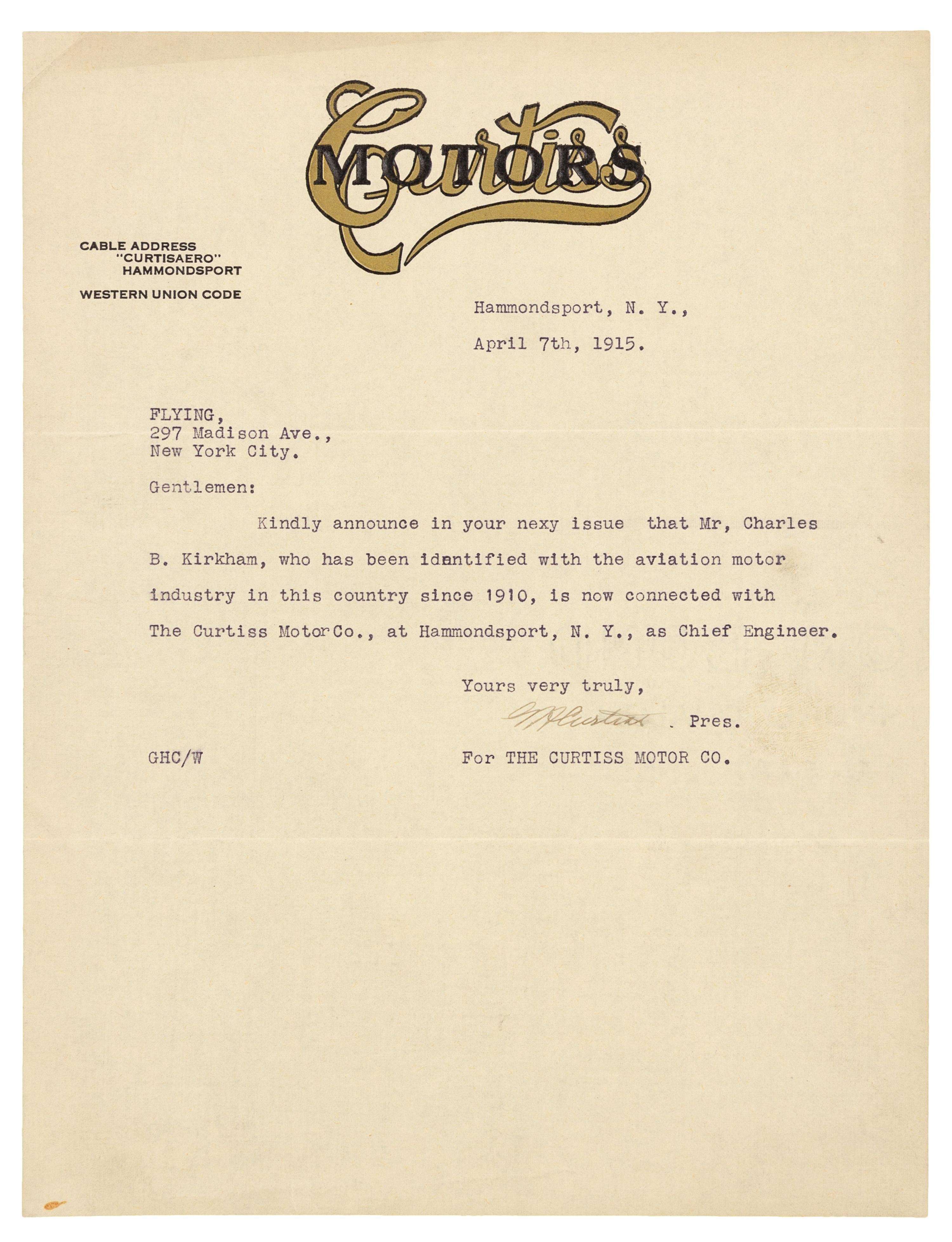 CURTISS, Glenn Hammond (1878-1930). Typed letter signed ("G. H. Curtiss"), Hammondsport, NY. To "Flying" Magazine, New York, NY, 7 April 1915.