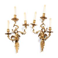 A Pair of Louis XV Style Gilt Bronze Three-Light Sconces with Parrots