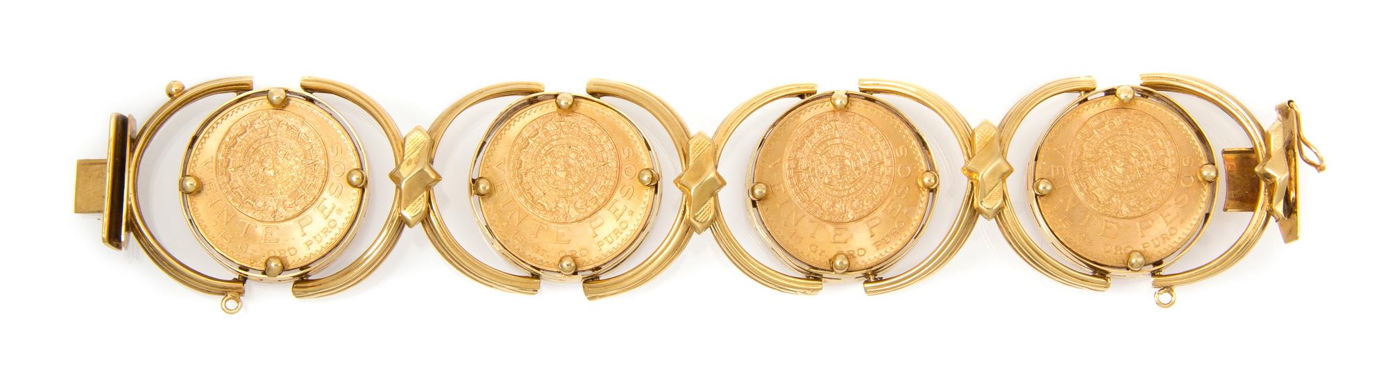 An 18 Karat Yellow Gold and Mexican Gold Coin Bracelet, 69.90 dwts.