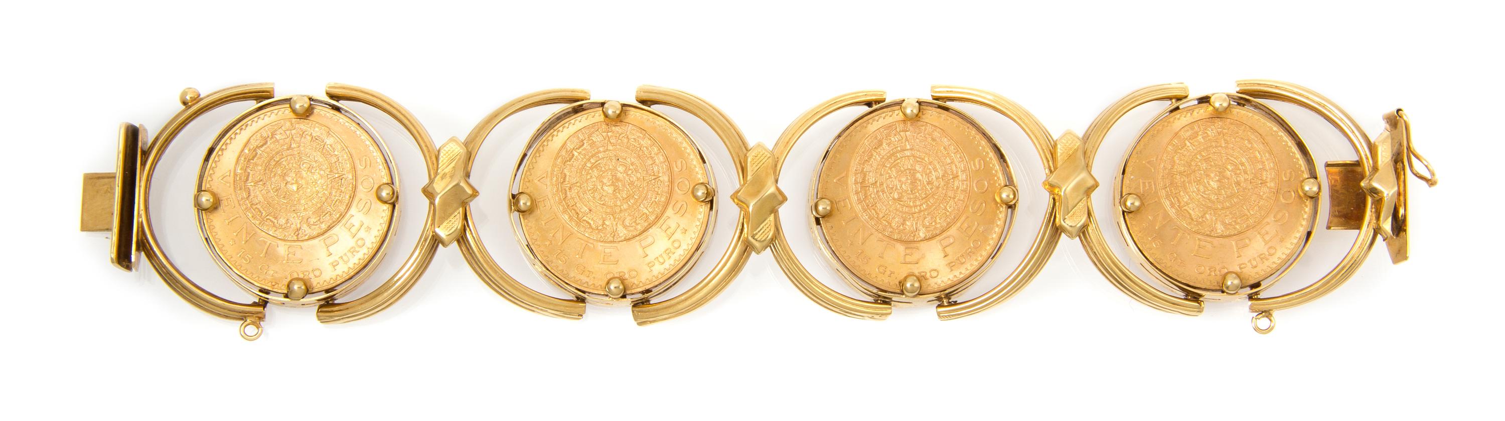 An 18 Karat Yellow Gold and Mexican Gold Coin Bracelet, 69.90 dwts.