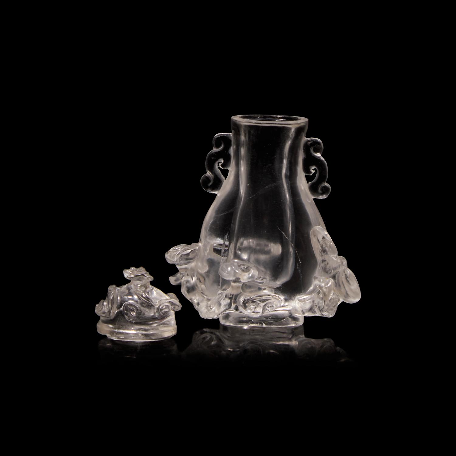 A Small Chinese Rock Crystal Vase and Cover with Wood Stand, Qing Dynasty 清 水晶靈芝紋小蓋瓶