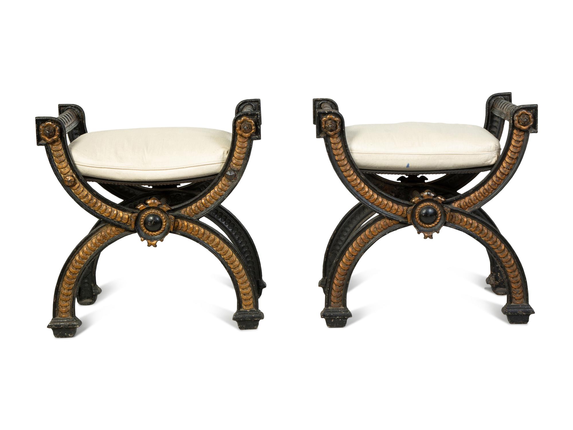 A Pair of Continental Cast Iron and Parcel Gilt Curule-form Tabourets — 19TH/20TH CENTURY
