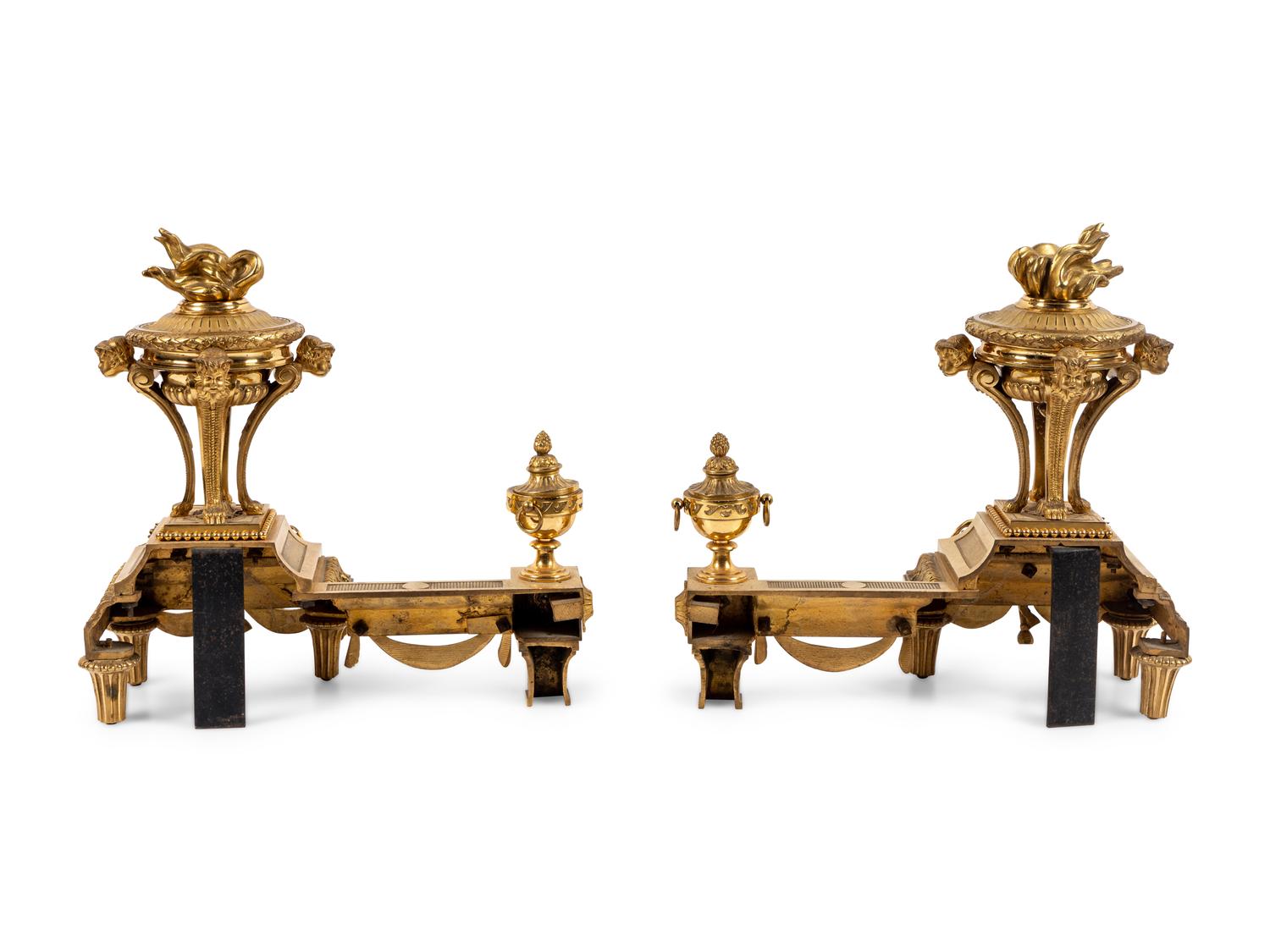 A Pair of French Neoclassical Gilt Bronze Chenets