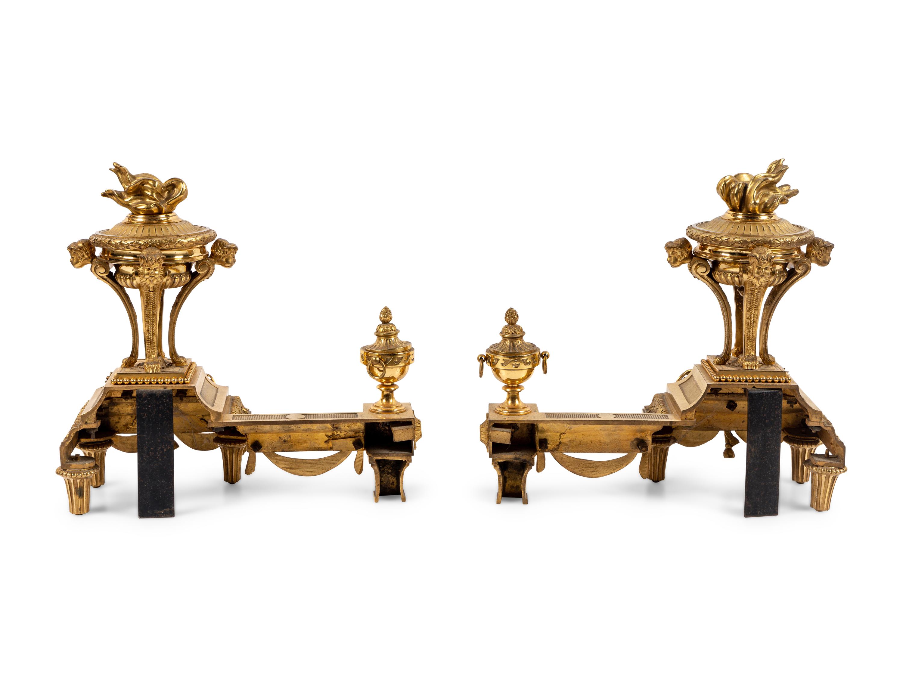 A Pair of French Neoclassical Gilt Bronze Chenets