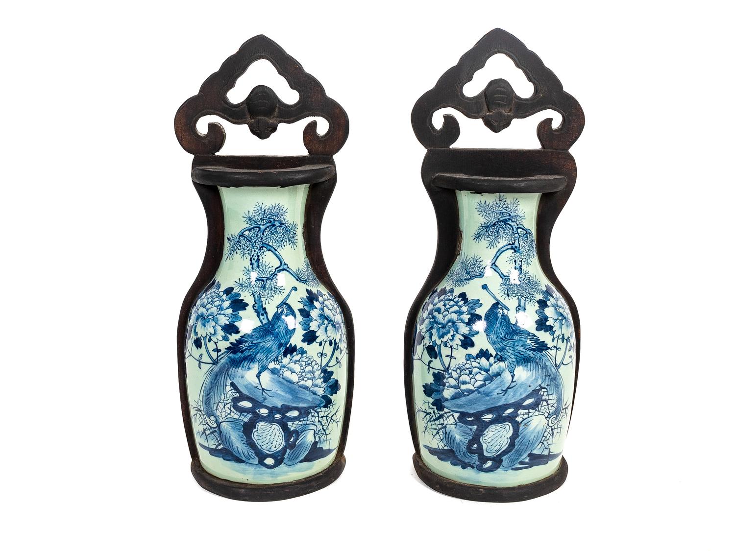 A Pair of Chinese Blue and White Half Vase Wall Mounts in Wood Frames — 20TH CENTURY