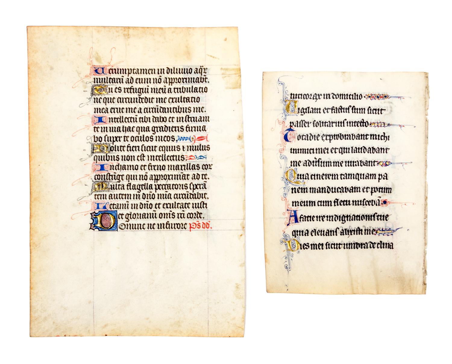 (ILLUMINATED MANUSCRIPT) Two illuminated manuscript leaves, 15th century.